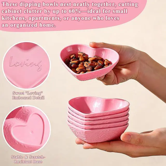Alt view image 4 of 7 - HOMQUEN Dipping Bowls, 3oz Soy Sauce Dish, Pturdy Plastic Small Bowls Set of 6, Pink Love Heart Mini Appetizer Plates for Sauce, Soy Sauce, Condiment, Side Dishes, Sushi, Ketchup, BBQ Party