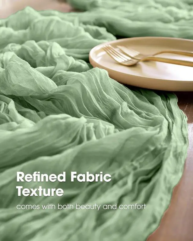Alt view image 3 of 7 - Pureegg 2-Pack Cheesecloth Table Runner, 120'' Easter Spring Boho Gauze Table Runner Decorations for Party, Baby Shower, Wedding and Farmhouse, Fabric Room Decor, Sage Green