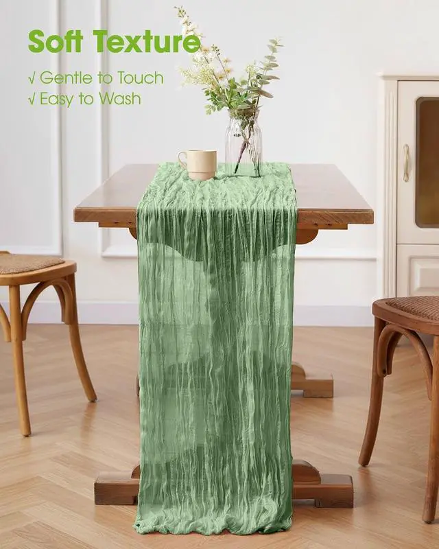 Alt view image 4 of 7 - Pureegg 2-Pack Cheesecloth Table Runner, 120'' Easter Spring Boho Gauze Table Runner Decorations for Party, Baby Shower, Wedding and Farmhouse, Fabric Room Decor, Sage Green