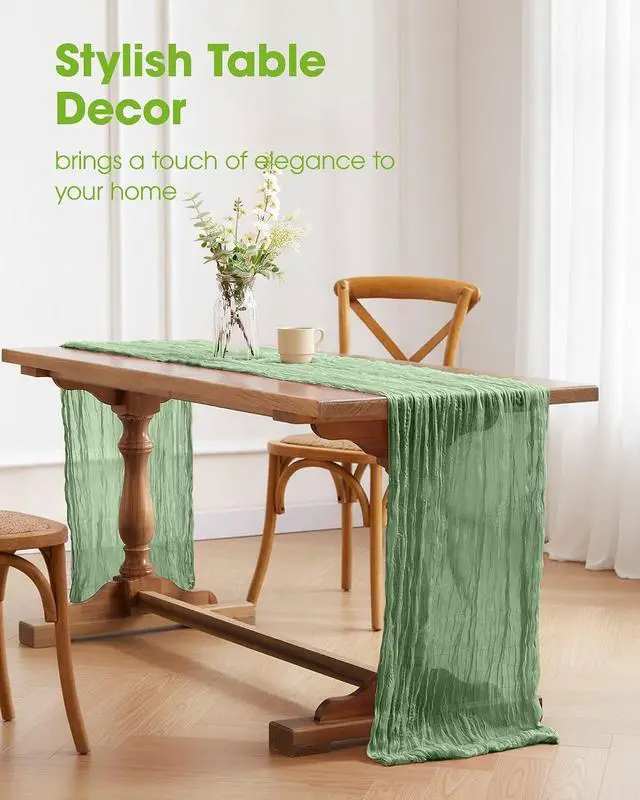 Alt view image 2 of 7 - Pureegg 2-Pack Cheesecloth Table Runner, 120'' Easter Spring Boho Gauze Table Runner Decorations for Party, Baby Shower, Wedding and Farmhouse, Fabric Room Decor, Sage Green