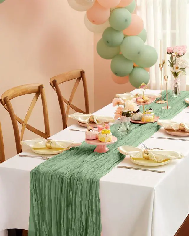Alt view image 6 of 7 - Pureegg 2-Pack Cheesecloth Table Runner, 120'' Easter Spring Boho Gauze Table Runner Decorations for Party, Baby Shower, Wedding and Farmhouse, Fabric Room Decor, Sage Green