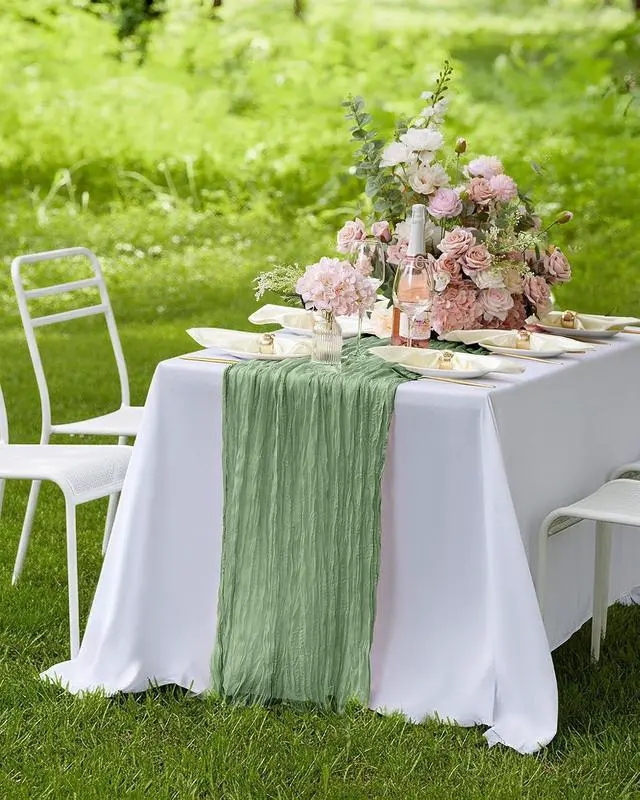 Alt view image 7 of 7 - Pureegg 2-Pack Cheesecloth Table Runner, 120'' Easter Spring Boho Gauze Table Runner Decorations for Party, Baby Shower, Wedding and Farmhouse, Fabric Room Decor, Sage Green