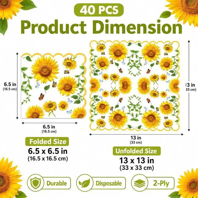 Alt view image 7 of 7 - Sunflower Napkins Disposable 40-Pack (6.5x6.5 Inch Folded)