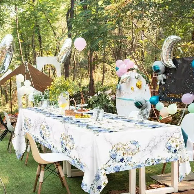 Alt view image 2 of 6 - MEHOFOND 3pcs Blue Wedding Tablecloth, Bridal Shower Disposable Table Cover
