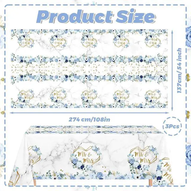Alt view image 3 of 6 - MEHOFOND 3pcs Blue Wedding Tablecloth, Bridal Shower Disposable Table Cover
