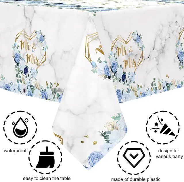 Alt view image 4 of 6 - MEHOFOND 3pcs Blue Wedding Tablecloth, Bridal Shower Disposable Table Cover