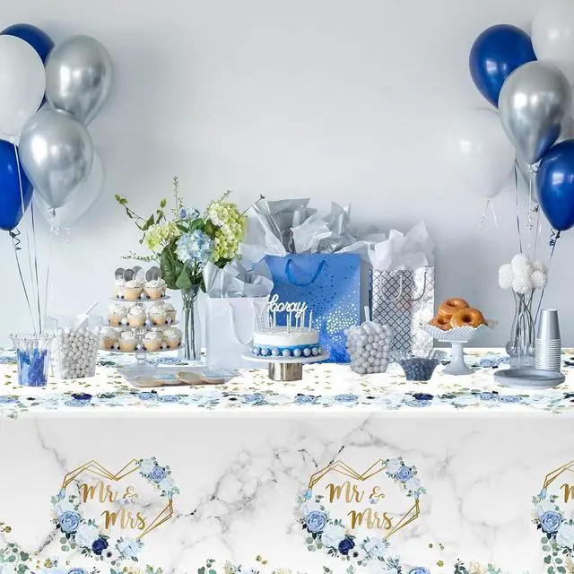 Alt view image 5 of 6 - MEHOFOND 3pcs Blue Wedding Tablecloth, Bridal Shower Disposable Table Cover
