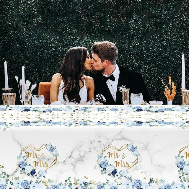 Alt view image 6 of 6 - MEHOFOND 3pcs Blue Wedding Tablecloth, Bridal Shower Disposable Table Cover