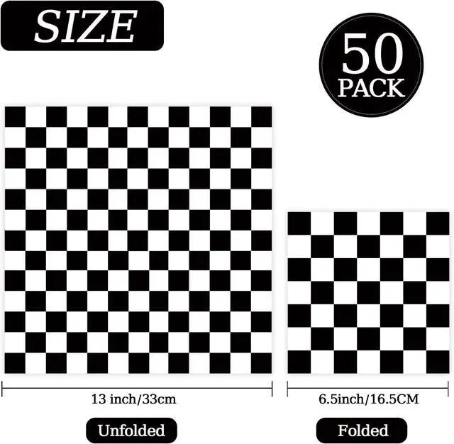 Alt view image 2 of 7 - 50 Pcs Race Car Paper Napkins 6.5 x 6.5 Inches, Black White Checkered Flag Theme Disposable Luncheon Dinner Party Napkins Cocktail Napkin for Race Car Birthday Party Decorations (Race Car)