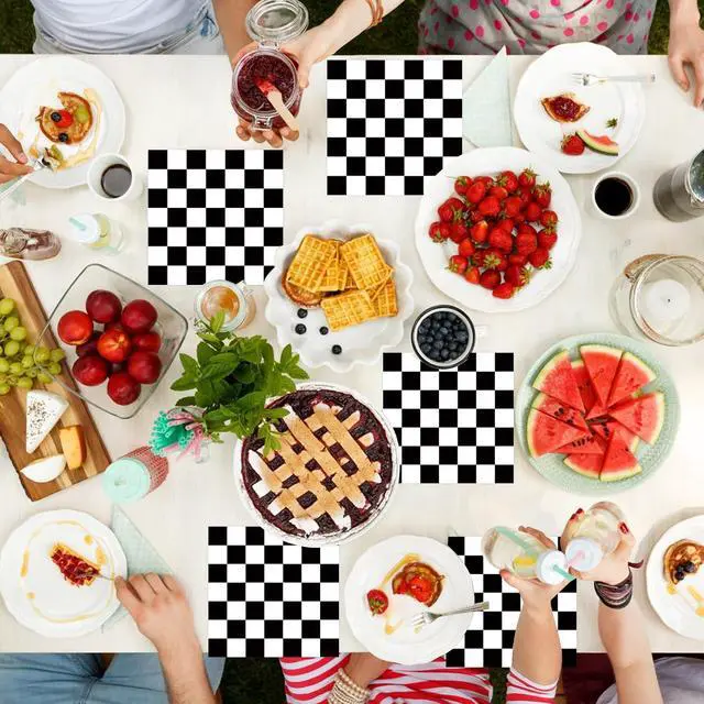 Alt view image 6 of 7 - 50 Pcs Race Car Paper Napkins 6.5 x 6.5 Inches, Black White Checkered Flag Theme Disposable Luncheon Dinner Party Napkins Cocktail Napkin for Race Car Birthday Party Decorations (Race Car)