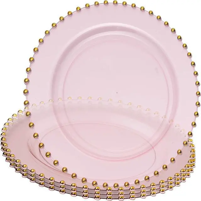 Main image of PLASTICPRO Translucent Pink with Gold Rim Plastic Charger Plates with Beaded Edge Pack of 4 13" Elegant Round Disposable Chargers for Weddings, Events, Parties, and Dinners