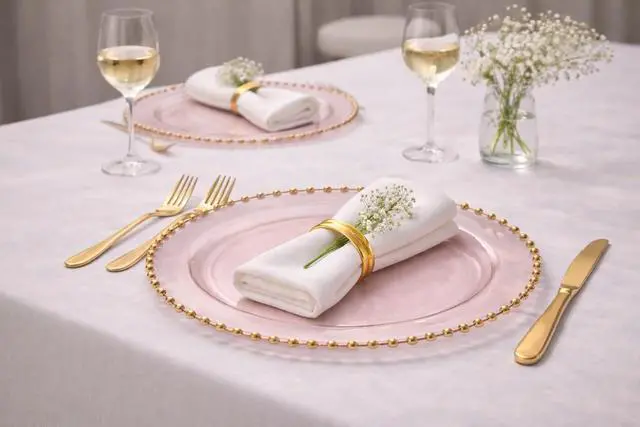 Alt view image 2 of 7 - PLASTICPRO Translucent Pink with Gold Rim Plastic Charger Plates with Beaded Edge Pack of 4 13" Elegant Round Disposable Chargers for Weddings, Events, Parties, and Dinners