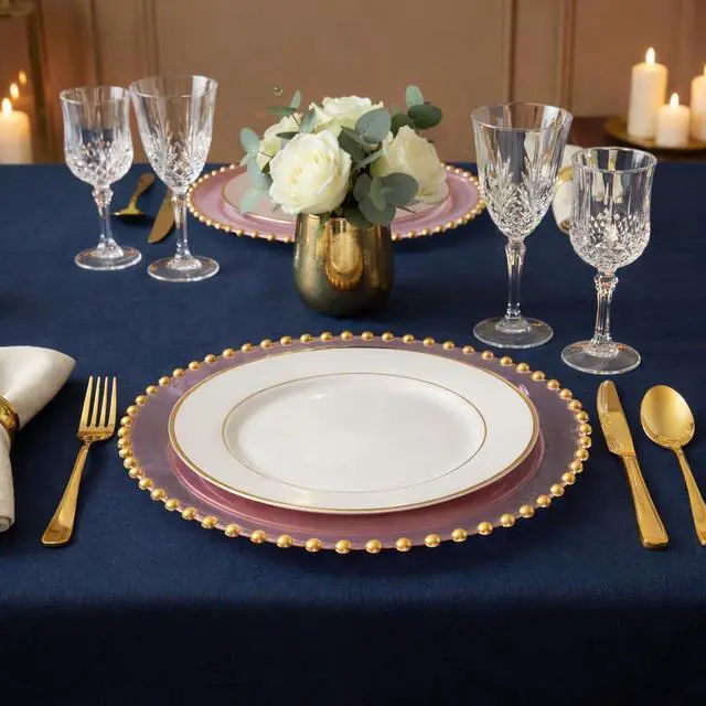 Alt view image 3 of 7 - PLASTICPRO Translucent Pink with Gold Rim Plastic Charger Plates with Beaded Edge Pack of 4 13" Elegant Round Disposable Chargers for Weddings, Events, Parties, and Dinners