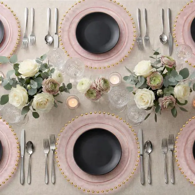 Alt view image 4 of 7 - PLASTICPRO Translucent Pink with Gold Rim Plastic Charger Plates with Beaded Edge Pack of 4 13" Elegant Round Disposable Chargers for Weddings, Events, Parties, and Dinners