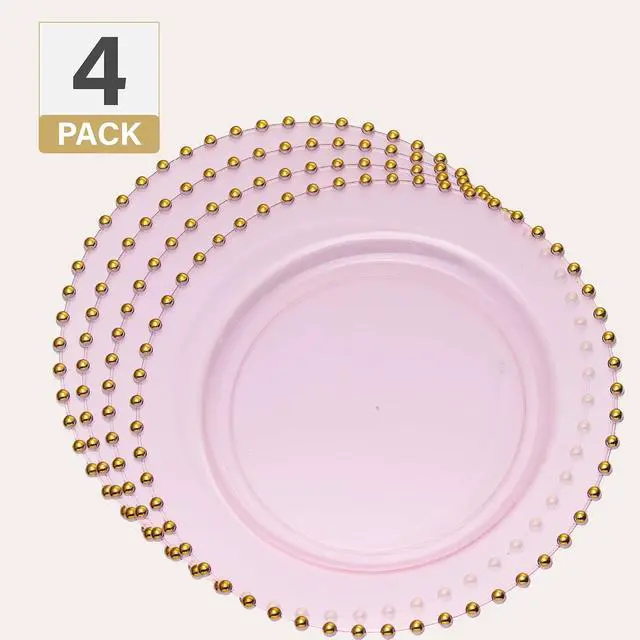 Alt view image 5 of 7 - PLASTICPRO Translucent Pink with Gold Rim Plastic Charger Plates with Beaded Edge Pack of 4 13" Elegant Round Disposable Chargers for Weddings, Events, Parties, and Dinners