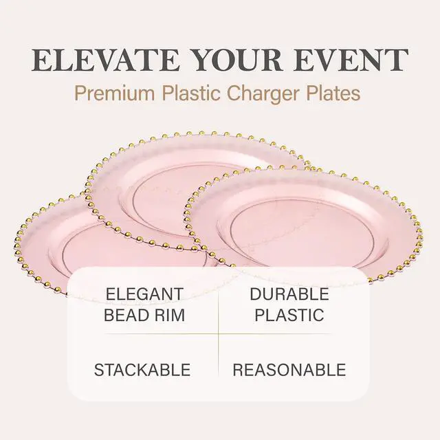 Alt view image 6 of 7 - PLASTICPRO Translucent Pink with Gold Rim Plastic Charger Plates with Beaded Edge Pack of 4 13" Elegant Round Disposable Chargers for Weddings, Events, Parties, and Dinners