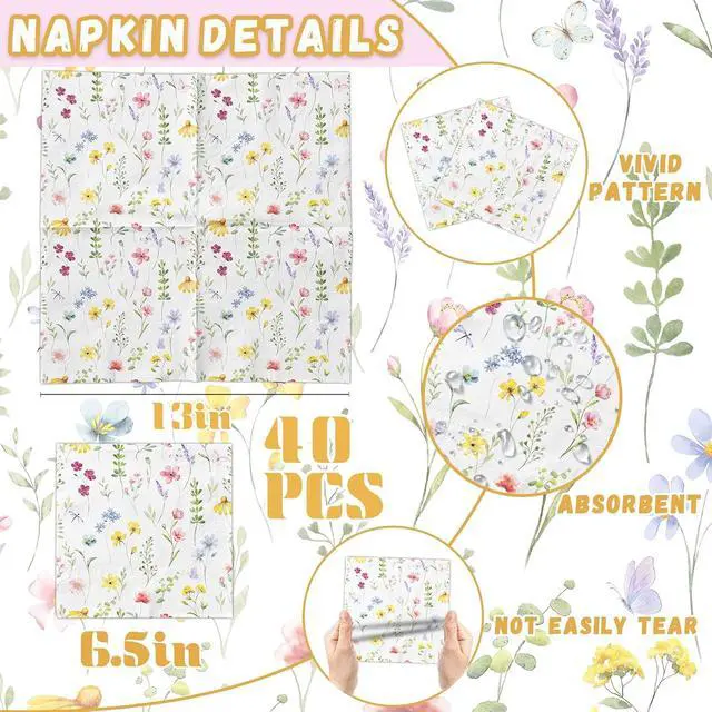 Alt view image 5 of 6 - 40Pcs Colorful Wildflower Napkins Paper Floral Napkins Flower Napkins Wildflower Party Decorations Butterfly Napkins Spring Paper Napkins Tea Party Napkins for Party Wedding Dinner Kitchen Bathroom