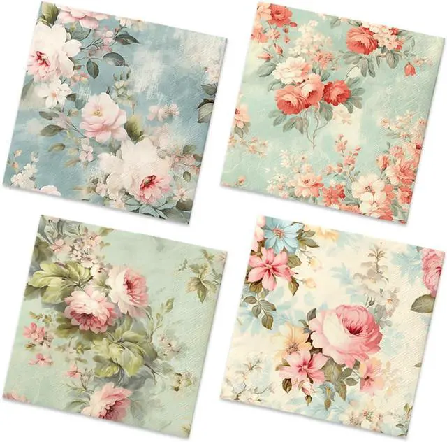Main image of Vintage Floral Napkins-40Pcs Flower Paper Napkins for Tea Party Birthday Baby Shower Wedding Retro Spring Decorations One Napkin with 4Patterns