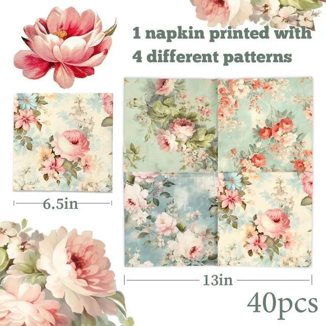 Alt view image 2 of 6 - Vintage Floral Napkins-40Pcs Flower Paper Napkins for Tea Party Birthday Baby Shower Wedding Retro Spring Decorations One Napkin with 4Patterns