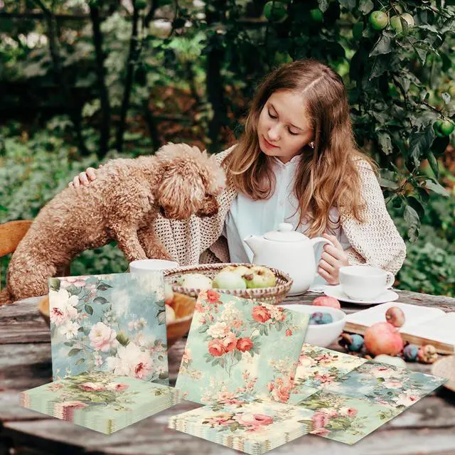 Alt view image 6 of 6 - Vintage Floral Napkins-40Pcs Flower Paper Napkins for Tea Party Birthday Baby Shower Wedding Retro Spring Decorations One Napkin with 4Patterns