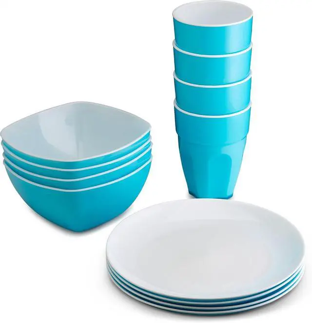 Main image of PLASTI HOME Reusable Plastic Dinnerware Set (12pcs) Ideal For Kids. Fancy Hard Plastic Plates, Bows & Cups In Blue Colors Microwaveable & Dishwasher Safe Flatware & Tumblers For Daily Use