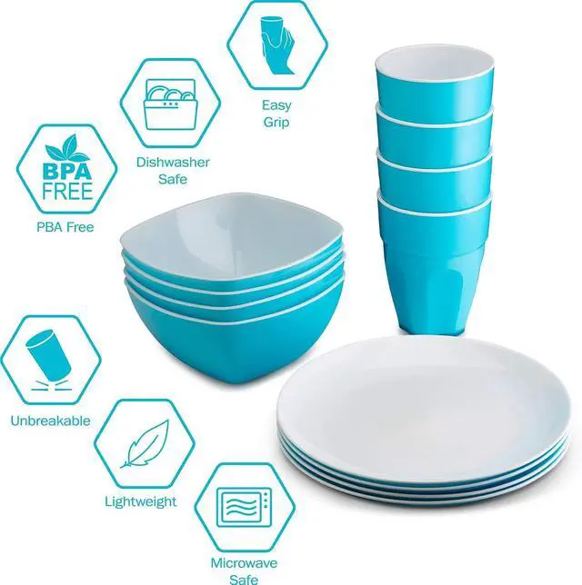 Alt view image 3 of 3 - PLASTI HOME Reusable Plastic Dinnerware Set (12pcs) Ideal For Kids. Fancy Hard Plastic Plates, Bows & Cups In Blue Colors Microwaveable & Dishwasher Safe Flatware & Tumblers For Daily Use