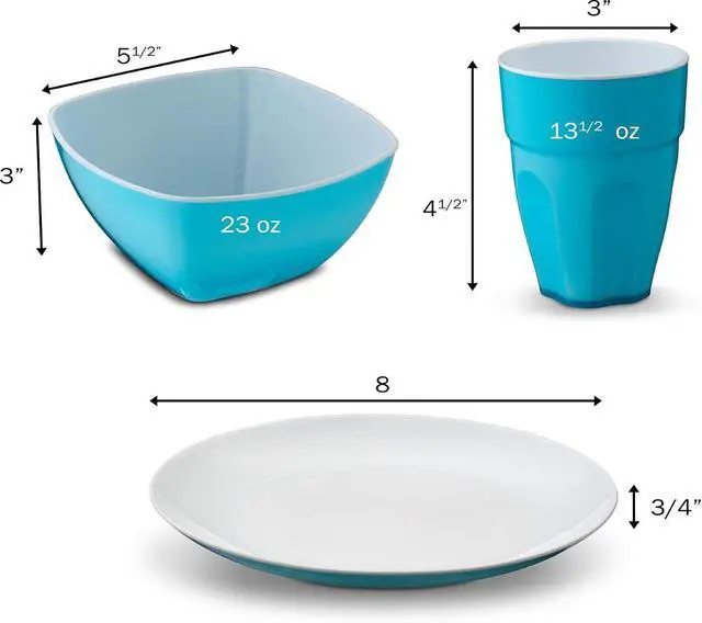 Alt view image 2 of 3 - PLASTI HOME Reusable Plastic Dinnerware Set (12pcs) Ideal For Kids. Fancy Hard Plastic Plates, Bows & Cups In Blue Colors Microwaveable & Dishwasher Safe Flatware & Tumblers For Daily Use