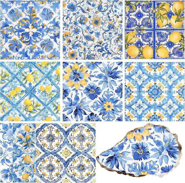 Main image of 36pcs Mediterranean Decoupage Napkins Mixed 9 Amalfi Coast Designs, 13x13 inch, Blue & Yellow Italian Lemon Tile Paper Napkins for Crafts, DIY, and Home Décor