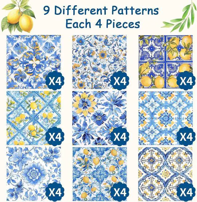 Alt view image 2 of 7 - 36pcs Mediterranean Decoupage Napkins Mixed 9 Amalfi Coast Designs, 13x13 inch, Blue & Yellow Italian Lemon Tile Paper Napkins for Crafts, DIY, and Home Décor