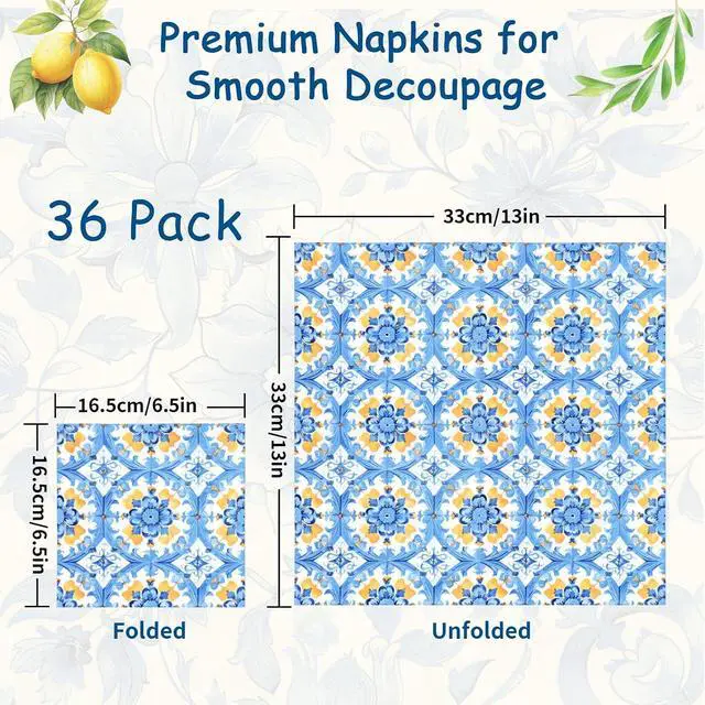 Alt view image 3 of 7 - 36pcs Mediterranean Decoupage Napkins Mixed 9 Amalfi Coast Designs, 13x13 inch, Blue & Yellow Italian Lemon Tile Paper Napkins for Crafts, DIY, and Home Décor