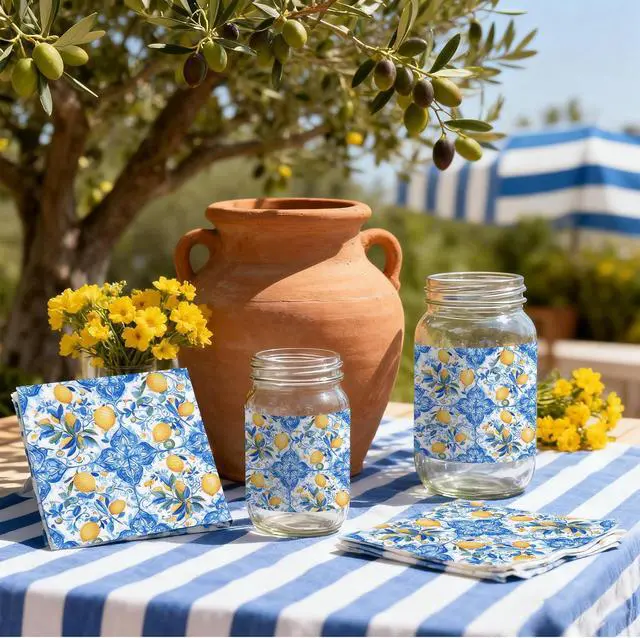 Alt view image 4 of 7 - 36pcs Mediterranean Decoupage Napkins Mixed 9 Amalfi Coast Designs, 13x13 inch, Blue & Yellow Italian Lemon Tile Paper Napkins for Crafts, DIY, and Home Décor