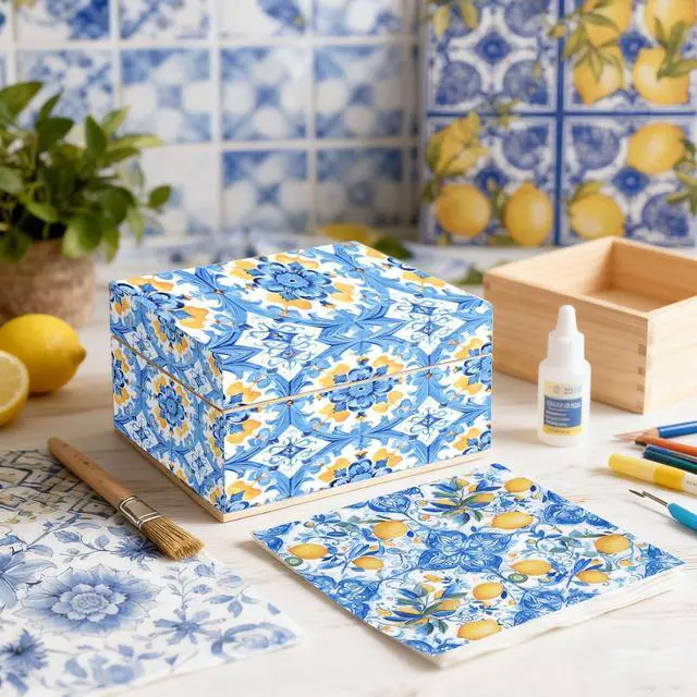 Alt view image 5 of 7 - 36pcs Mediterranean Decoupage Napkins Mixed 9 Amalfi Coast Designs, 13x13 inch, Blue & Yellow Italian Lemon Tile Paper Napkins for Crafts, DIY, and Home Décor