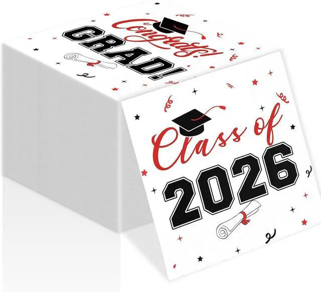 Main image of Class of 2026 Graduation Napkins, 3-Ply Disposable Congrats Grad Paper Napkins for Dinner and Cocktail Party Decorations, School and College, 6.5-Inch Square (100, Black Red)