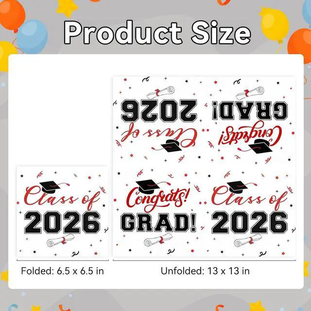 Alt view image 2 of 7 - Class of 2026 Graduation Napkins, 3-Ply Disposable Congrats Grad Paper Napkins for Dinner and Cocktail Party Decorations, School and College, 6.5-Inch Square (100, Black Red)
