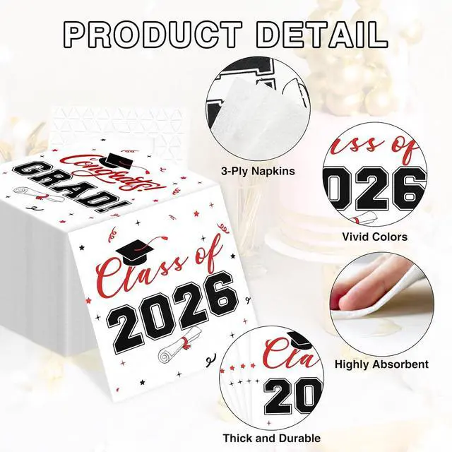 Alt view image 3 of 7 - Class of 2026 Graduation Napkins, 3-Ply Disposable Congrats Grad Paper Napkins for Dinner and Cocktail Party Decorations, School and College, 6.5-Inch Square (100, Black Red)