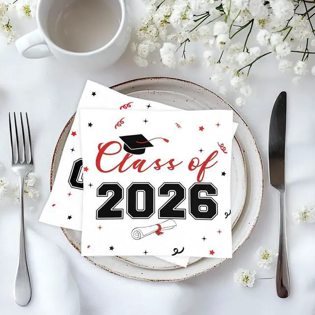 Alt view image 4 of 7 - Class of 2026 Graduation Napkins, 3-Ply Disposable Congrats Grad Paper Napkins for Dinner and Cocktail Party Decorations, School and College, 6.5-Inch Square (100, Black Red)