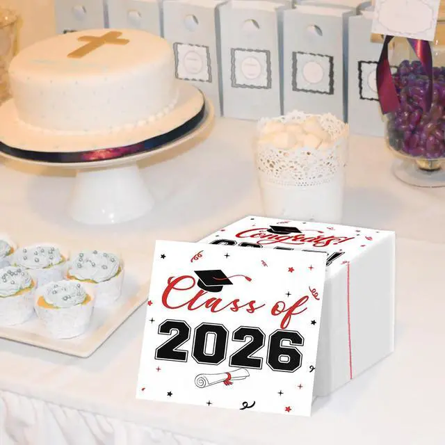 Alt view image 5 of 7 - Class of 2026 Graduation Napkins, 3-Ply Disposable Congrats Grad Paper Napkins for Dinner and Cocktail Party Decorations, School and College, 6.5-Inch Square (100, Black Red)