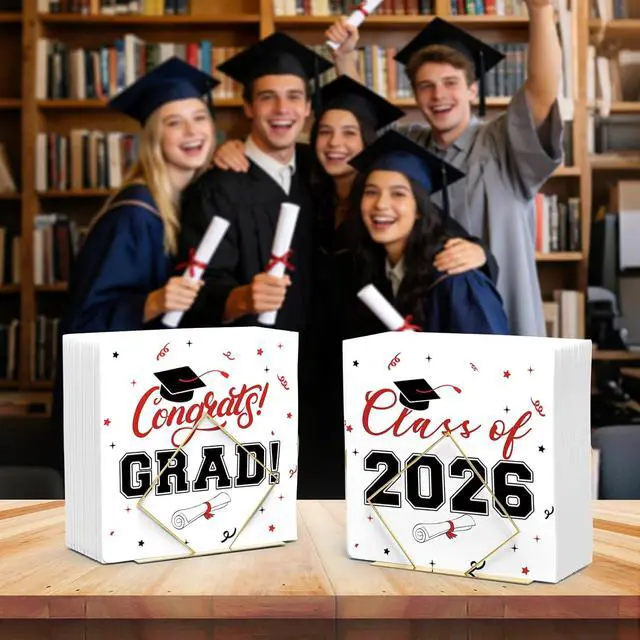 Alt view image 7 of 7 - Class of 2026 Graduation Napkins, 3-Ply Disposable Congrats Grad Paper Napkins for Dinner and Cocktail Party Decorations, School and College, 6.5-Inch Square (100, Black Red)