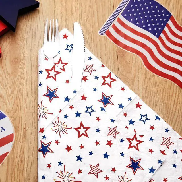 Alt view image 2 of 7 - Quera 50 Pack Patriotic Party Supplies Stars Firework Paper Napkins 4th of July Memorial Day Independence Day Holiday Kitchen Table Decoration, 6.5'' X 6.5'' Red, White,Blue.