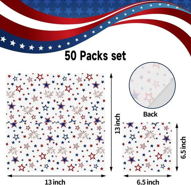 Alt view image 4 of 7 - Quera 50 Pack Patriotic Party Supplies Stars Firework Paper Napkins 4th of July Memorial Day Independence Day Holiday Kitchen Table Decoration, 6.5'' X 6.5'' Red, White,Blue.