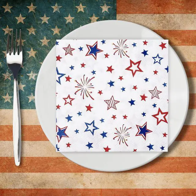 Alt view image 7 of 7 - Quera 50 Pack Patriotic Party Supplies Stars Firework Paper Napkins 4th of July Memorial Day Independence Day Holiday Kitchen Table Decoration, 6.5'' X 6.5'' Red, White,Blue.