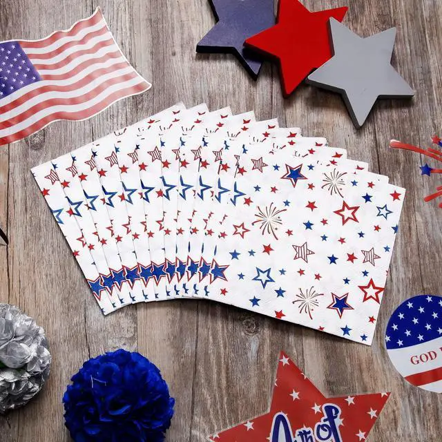 Alt view image 5 of 7 - Quera 50 Pack Patriotic Party Supplies Stars Firework Paper Napkins 4th of July Memorial Day Independence Day Holiday Kitchen Table Decoration, 6.5'' X 6.5'' Red, White,Blue.