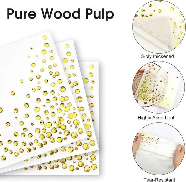 Alt view image 3 of 7 - 100 Pcs Gold Cocktail Napkins, 3-Ply, 5 x 5 Inches, White