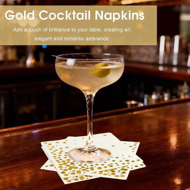 Alt view image 4 of 7 - 100 Pcs Gold Cocktail Napkins, 3-Ply, 5 x 5 Inches, White