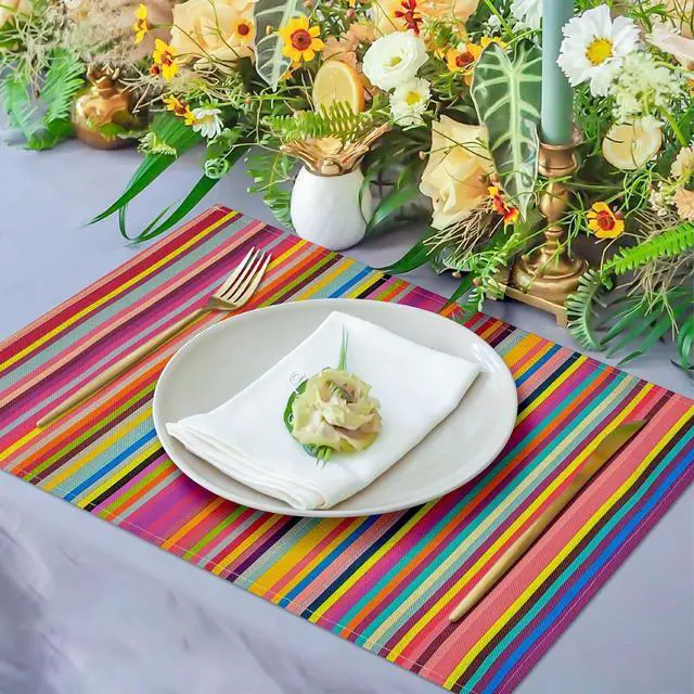 Alt view image 6 of 7 - Rainbow Placemats Set of 4, 12x18 Inch Faux Linen Table Mats