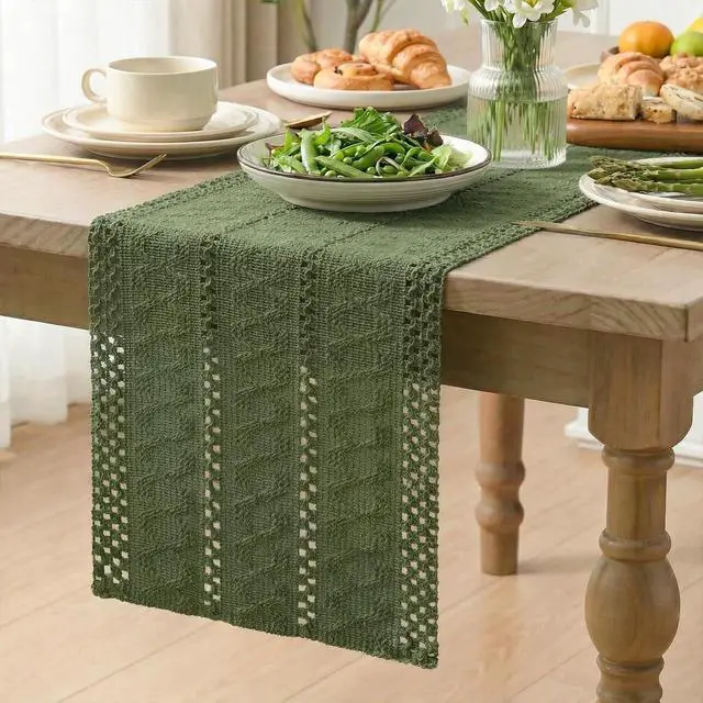 Alt view image 4 of 7 - Artoid Mode Army Green Woven Farmhouse Hollow Table Runner 12x36 Inch