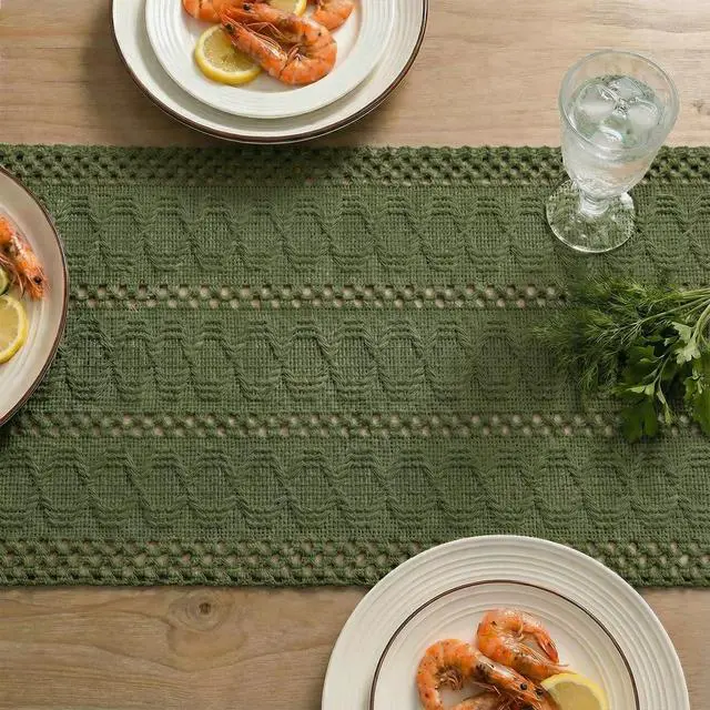 Alt view image 5 of 7 - Artoid Mode Army Green Woven Farmhouse Hollow Table Runner 12x36 Inch