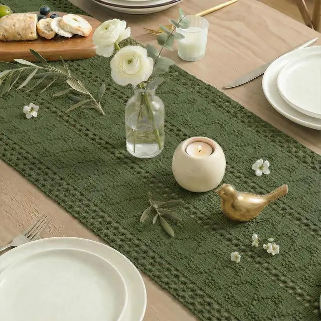 Alt view image 6 of 7 - Artoid Mode Army Green Woven Farmhouse Hollow Table Runner 12x36 Inch