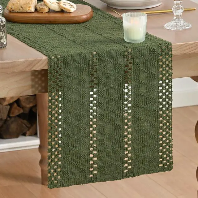 Alt view image 2 of 7 - Artoid Mode Army Green Woven Farmhouse Hollow Table Runner 12x36 Inch