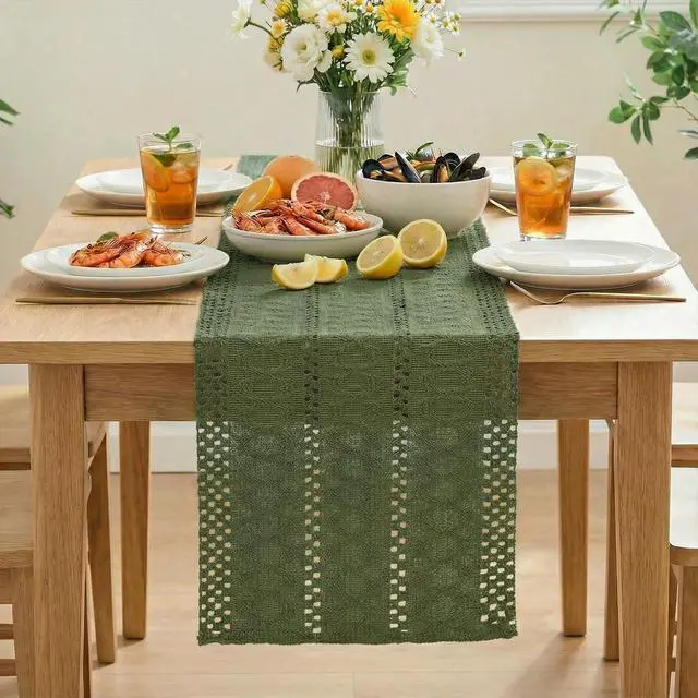Alt view image 3 of 7 - Artoid Mode Army Green Woven Farmhouse Hollow Table Runner 12x36 Inch